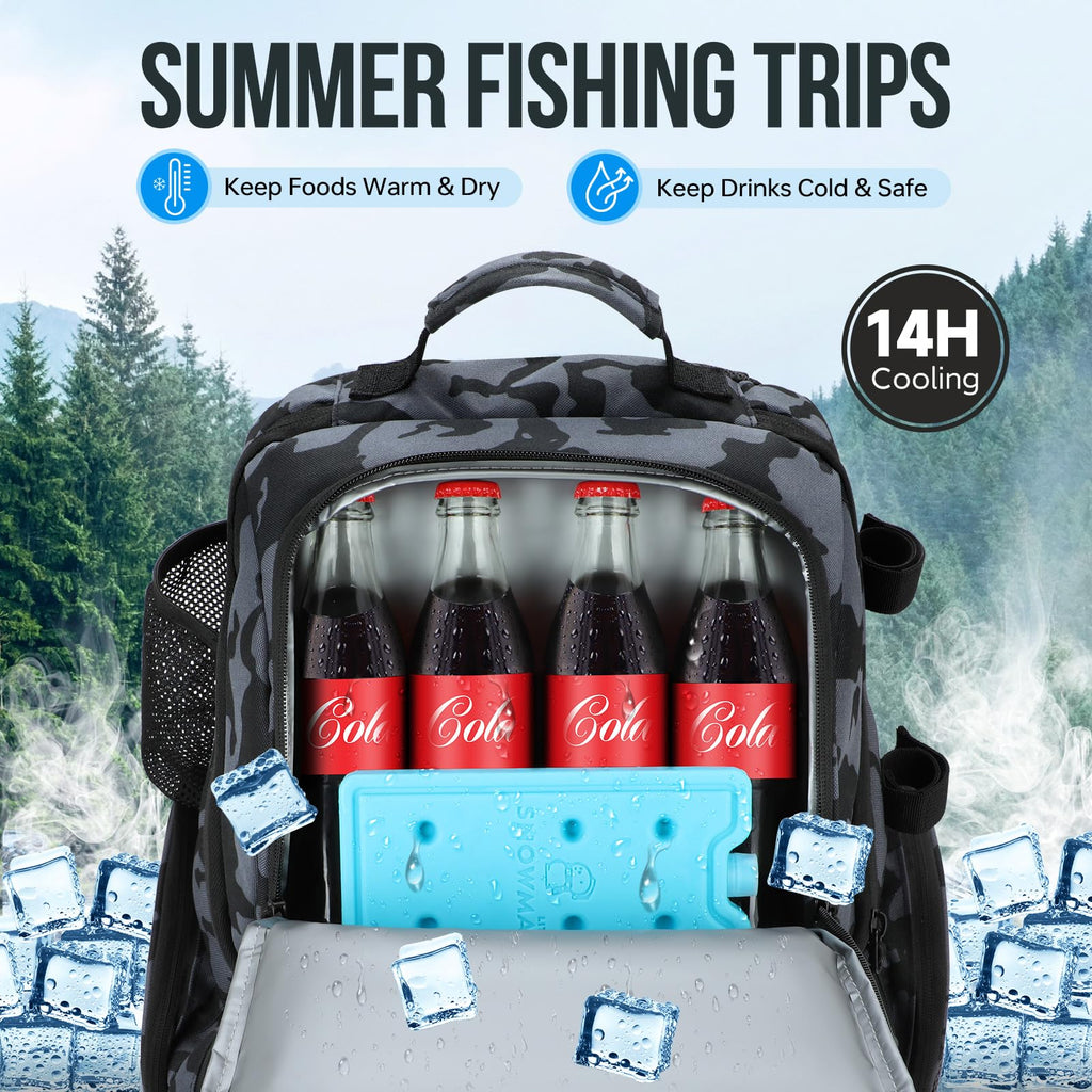 PLUSINNO Cooler Fishing Backpack with Rod Holders 45L Large Water-resistant Fishing Tackle bag Store Fishing Gear Fishing Gifts for Men Father, Sport Bags