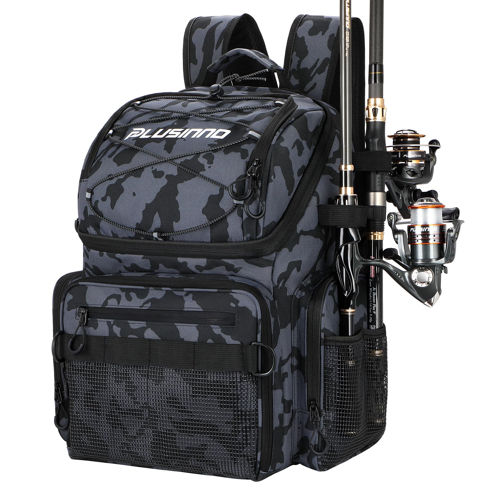 PLUSINNO Cooler Fishing Backpack with Rod Holders 45L Large Water-resistant Fishing Tackle bag Store Fishing Gear Fishing Gifts for Men Father, Sport Bags
